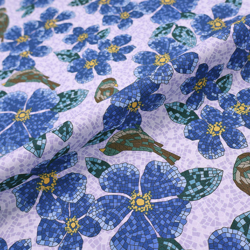 100% Cotton Blue Bird and Floral Mosaic Print Fabric Made in Japan