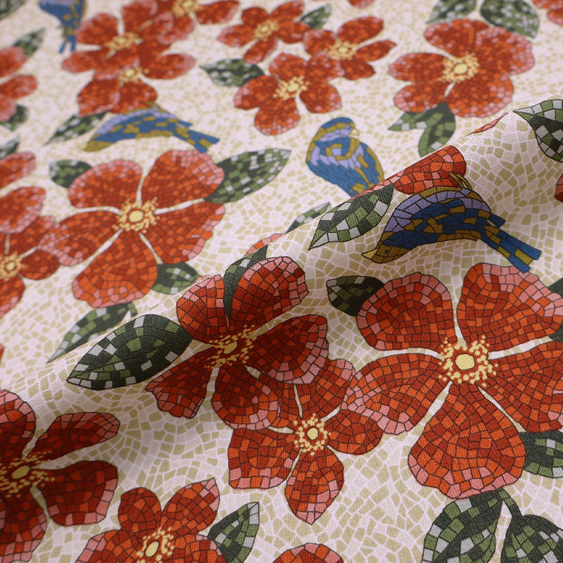 100% Cotton Red Bird and Floral Mosaic Print Japanese Fabric
