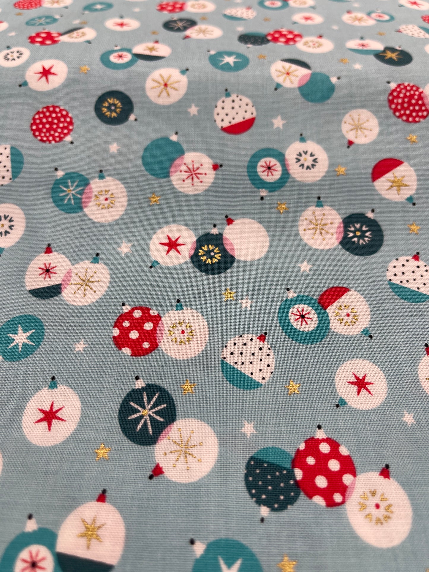 White Christmas Cotton - Blue and Gold Baubles