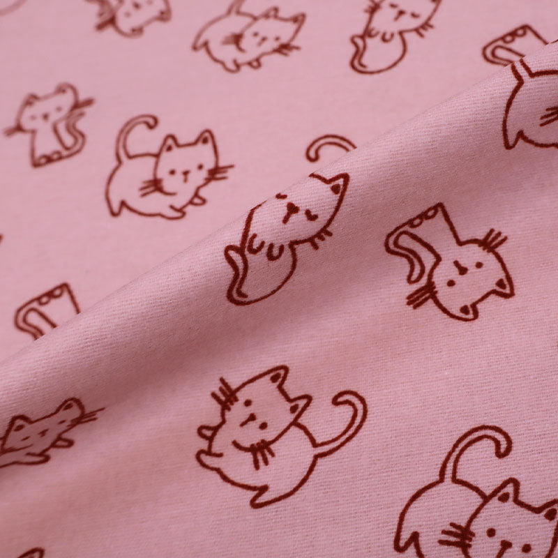 100% Cotton Pink Brushed Cotton Fabric - Cat Print