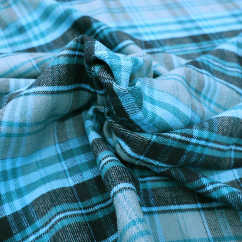 100% Cotton Brushed Cotton Flannel Fabric - Turquoise and Black Check