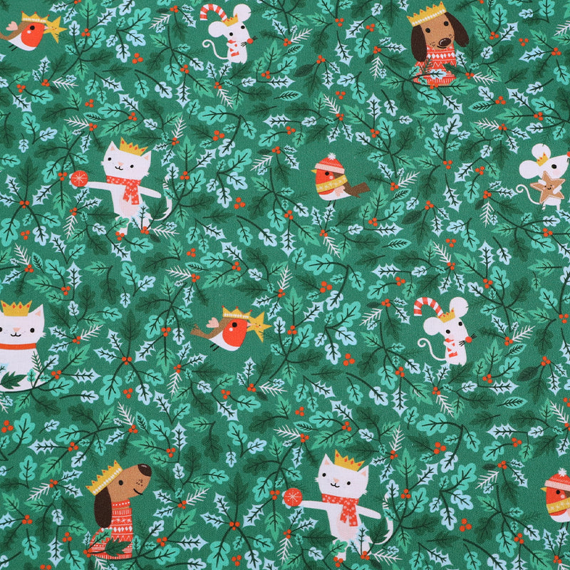 100% CottonGreen Christmas Fabric - Dogs, Cats , Robins, and Holly