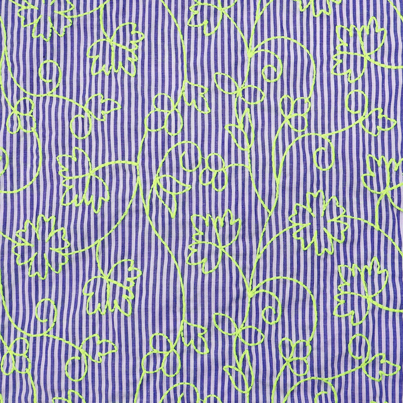 Cotton - Neon Yellow Running Stitch Embroidery - Blue Stripe