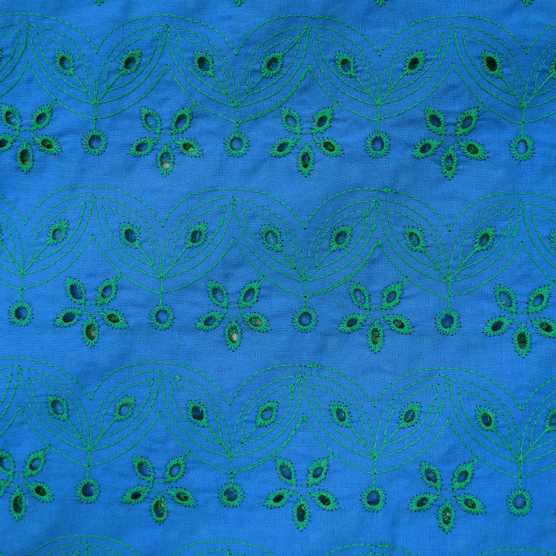 100% Cotton Bright Blue and Green Broderie Anglaise Fabric
