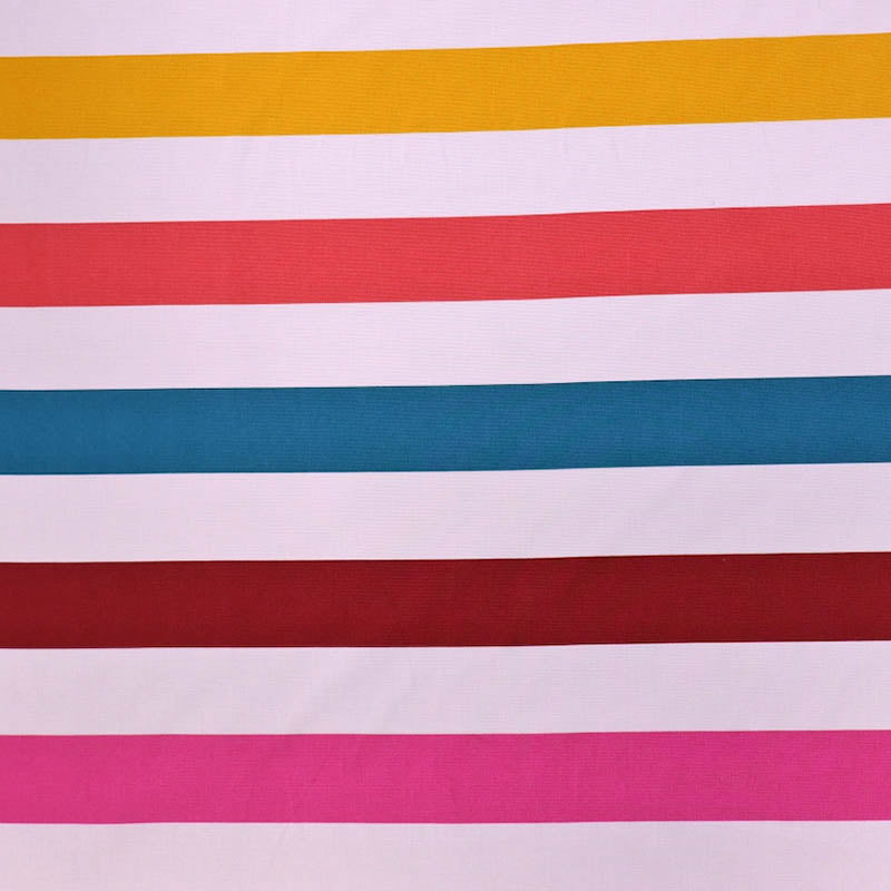 100% Cotton Multicolour Striped Canvas Fabric with bold stripes of white, yellow, coral pink, burgundy and blue