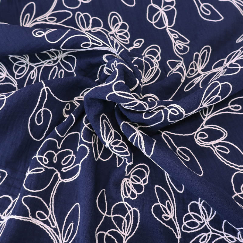 100% Cotton Navy Double Gauze Fabric - White Floral Embroidery