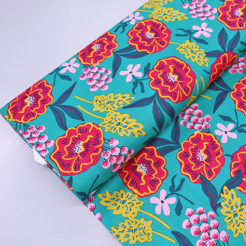 Floral Cotton Poplin Fabric Green & Red Flower Bomb Fabrics Galore