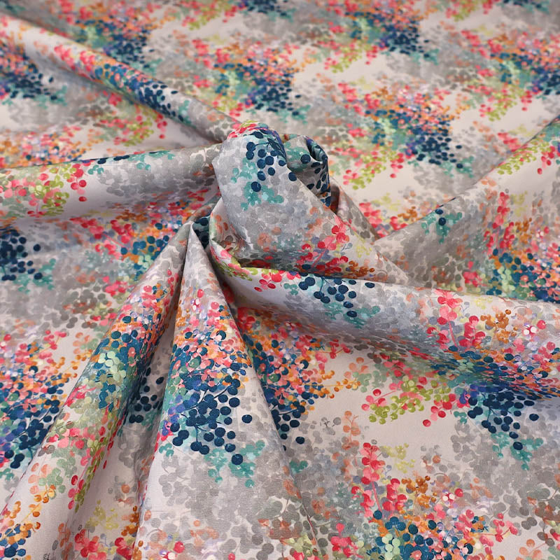 100% Cotton Poplin Fabric Floral Print
featuring multicoloured dappled buds in blue, pink and green with a grey background