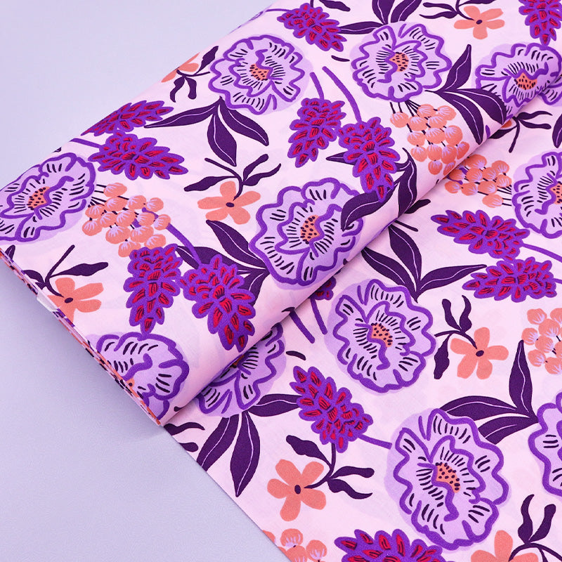 Floral Cotton Poplin Fabric Lilac & Pink Flower Bomb Fabrics Galore