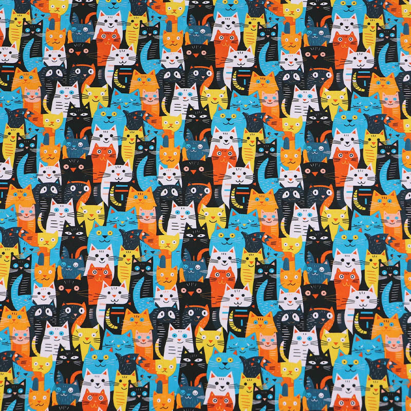 100% CottonPoplin Cat Print Fabric - Multi Coloured Blue Orange, Yellow, Black and White