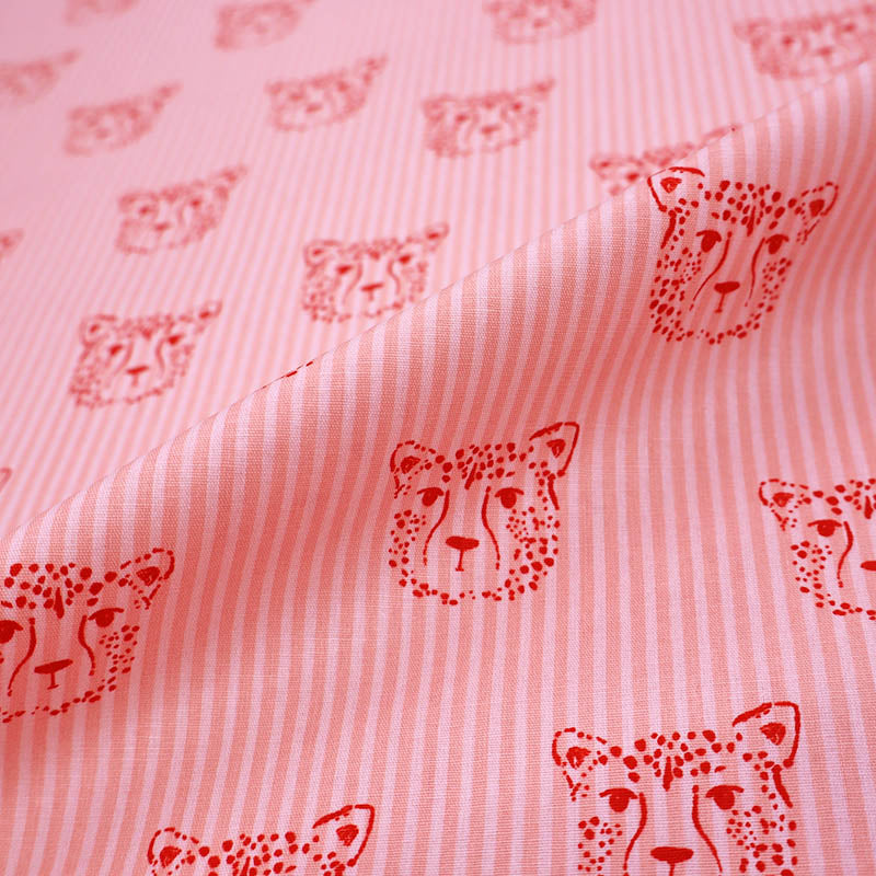 100% Cotton Pink Striped Poplin Fabric - Leopard Face Print