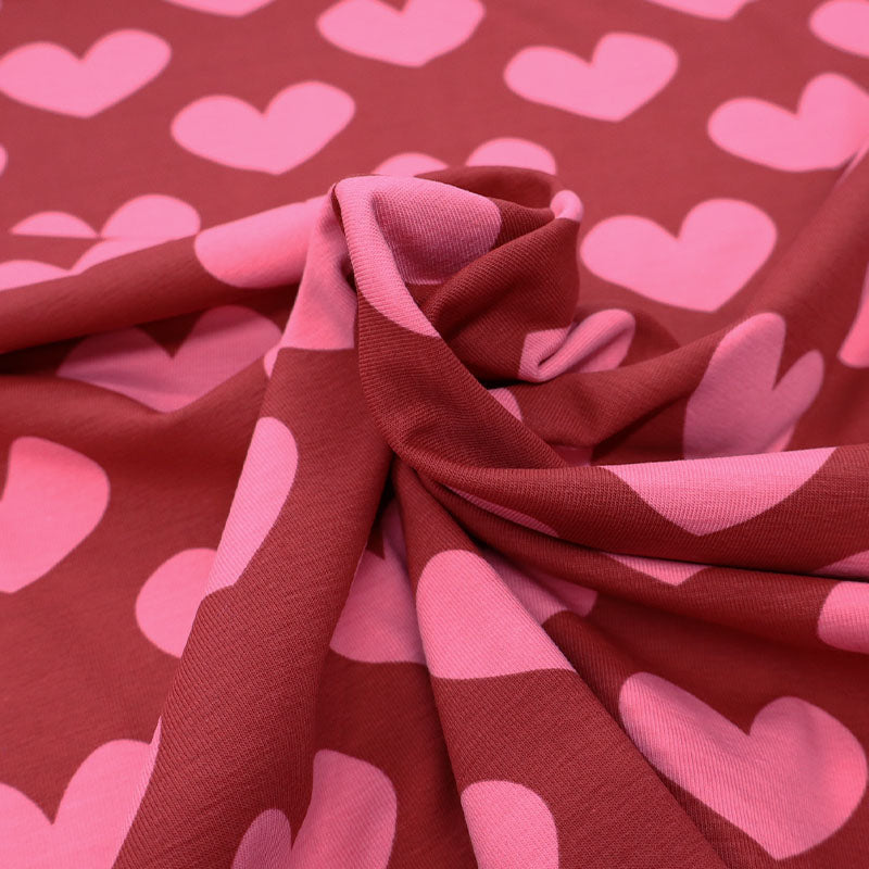 95% Cotton 5% Elastane Red Jersey Fabric - Pink Love Hearts