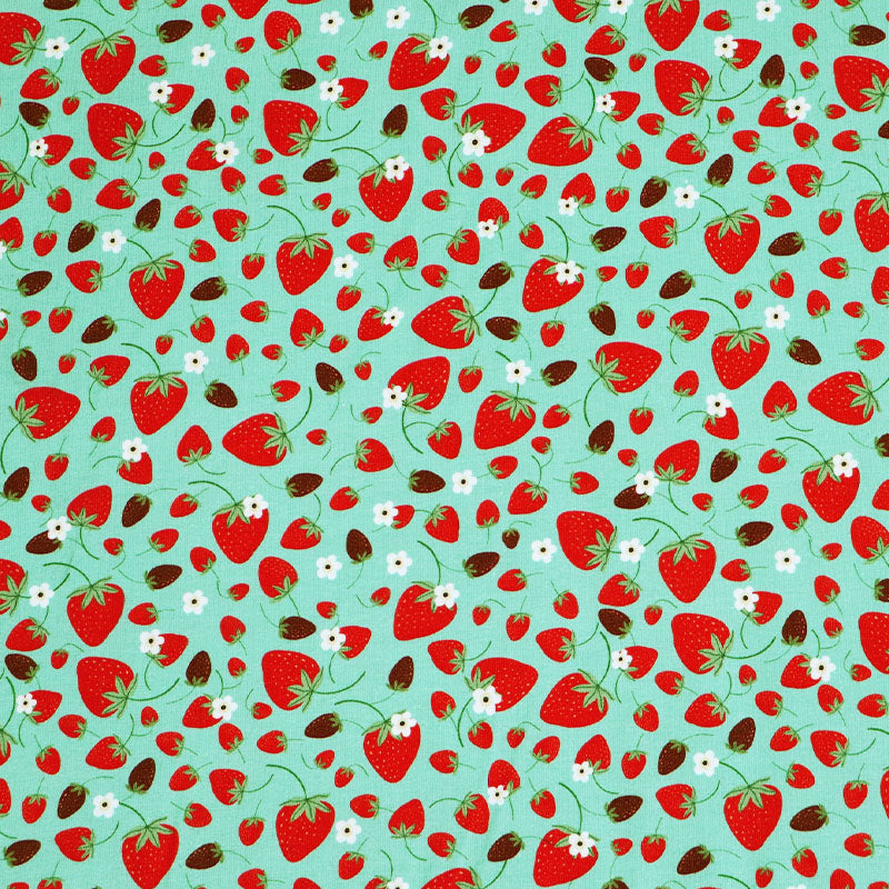Green Cotton Jersey Fabric - Strawberry Print