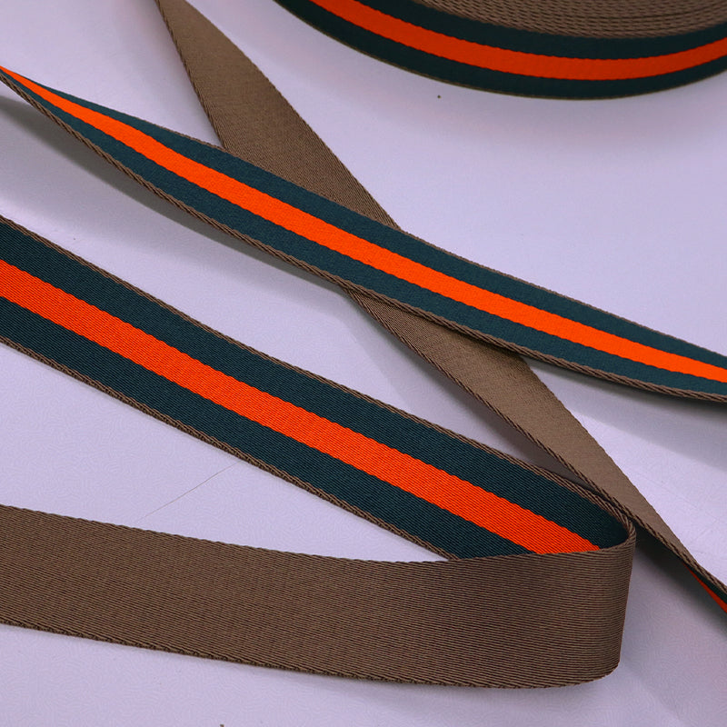 100% Polyester Orange, Dark Green and Brown Stripe Webbing