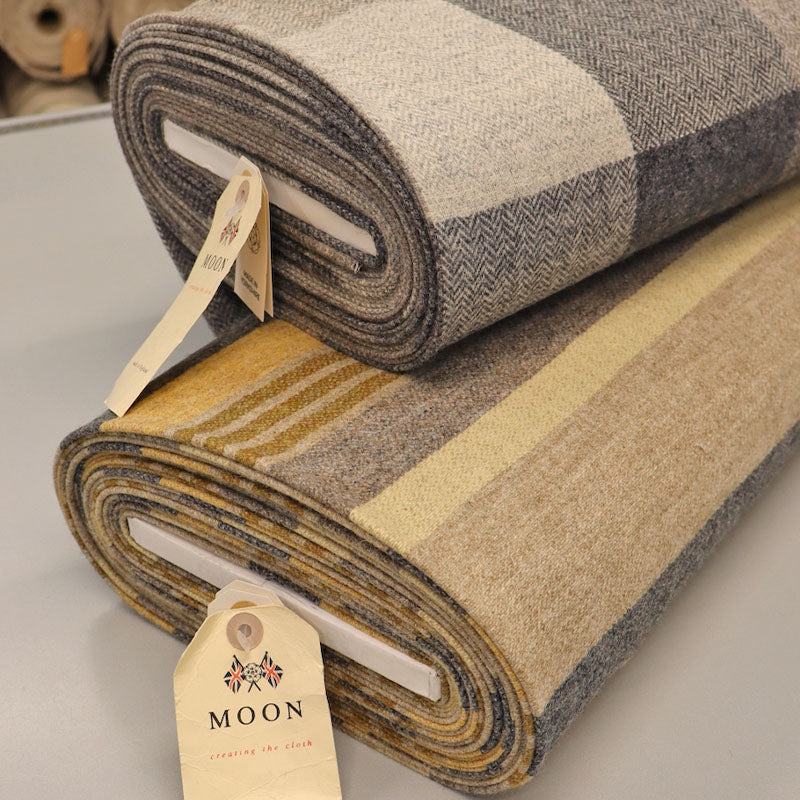 100% Wool Fabrics - Grey, Beige and Brown Check and brown grey and mustard stripes