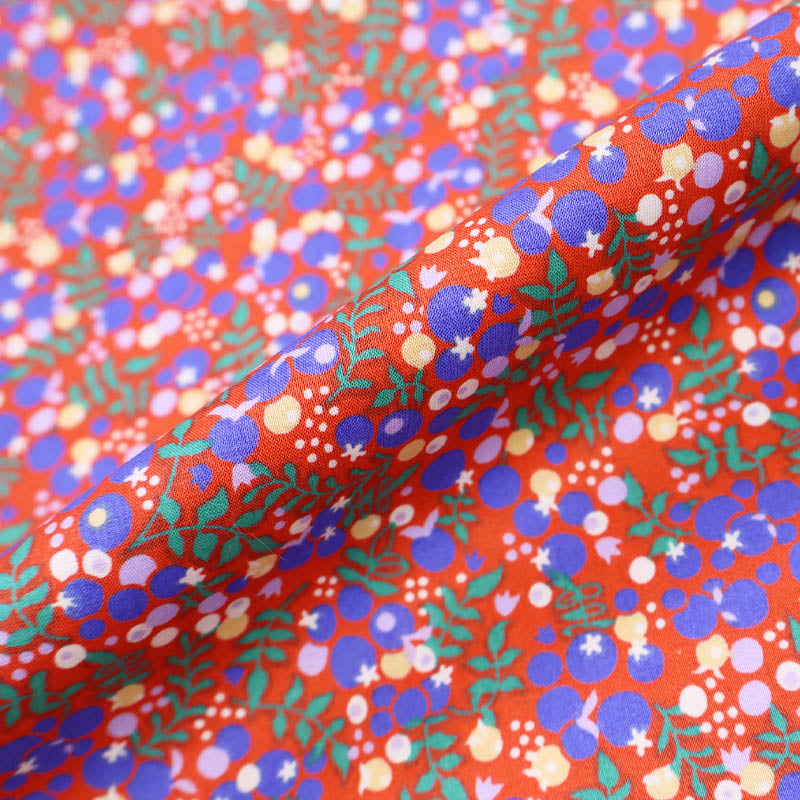 100% Cotton Orange and Blue Berry Print Cotton Lawn Fabric