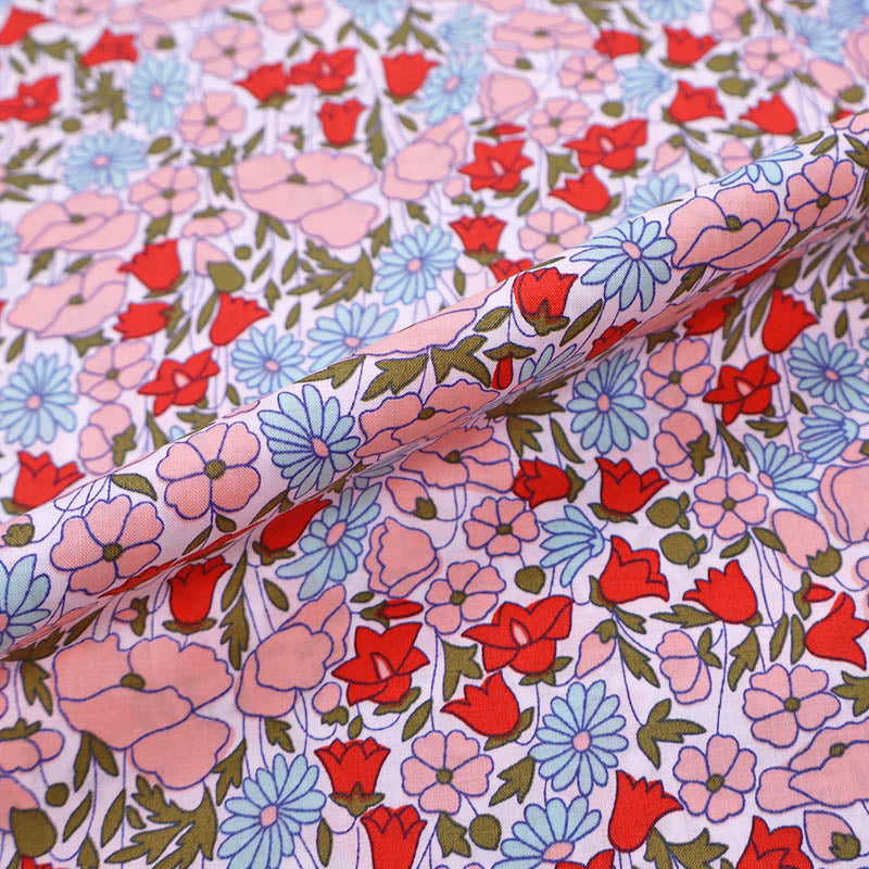 100% Cotton Pink Red and Blue Floral Cotton Lawn Fabric