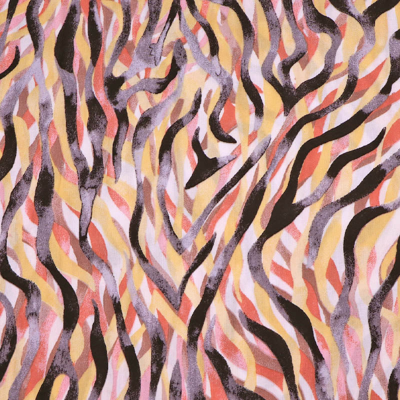 100% Viscose Orange, Yellow and Black Viscose Fabric - Ribbon Print