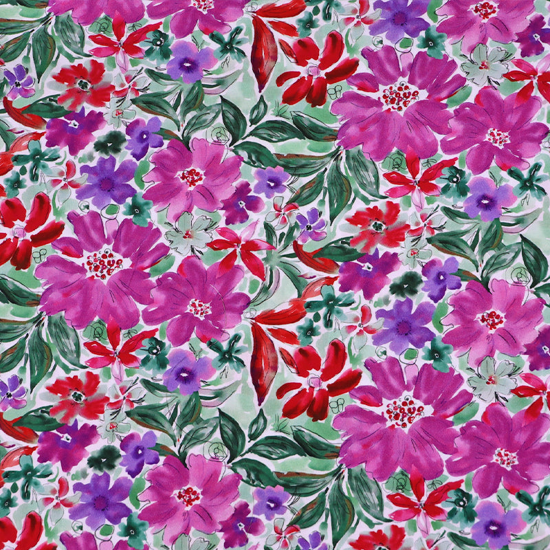 100% Viscose Floral Viscose Fabric - Pink and Purple Watercolour flowers