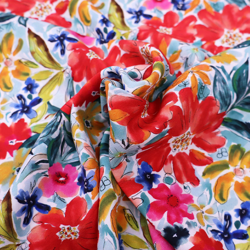 Dressmaking 100% Viscose -Red Watercolour Flowers