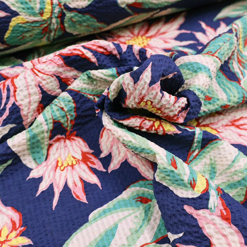 100% Cotton Navy Blue Pale Pink and Green Floral Seersucker Fabric