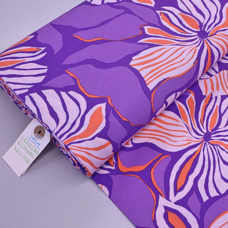 100% Viscose Ecovero Viscose Fabric - Lilac and Orange Tropical Print