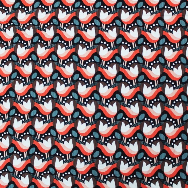 100% Cotton Black and Orange Floral Corduroy Fabric