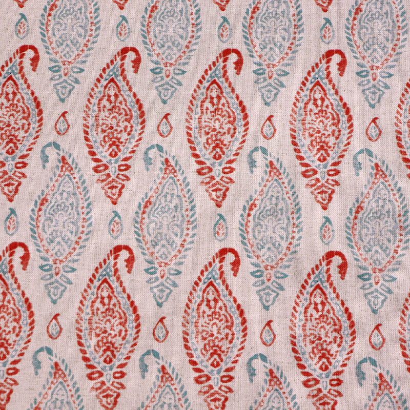 90% Cotton 10% Linen Linen Look Furnishing Fabric - Red & Blue Paisley Print on a cream background
