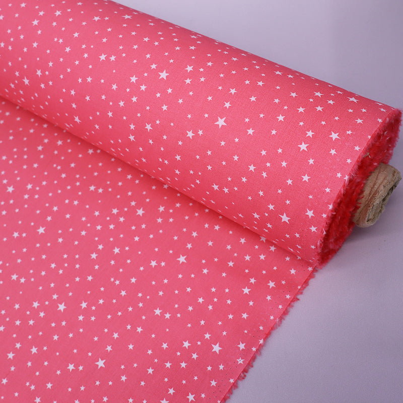 100% Cotton Coral Pink Cotton Fabric - White Stars