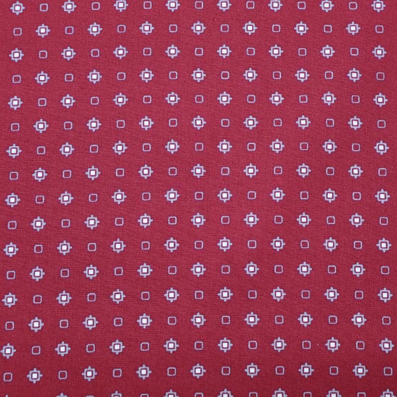 00% Cotton Red Printed Cotton Fabric with a grey and white geometric print