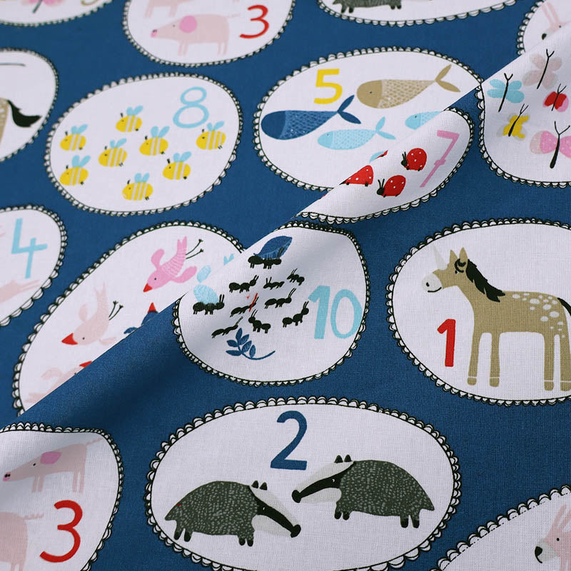 100% Cotton Great Value Children's Blue Cotton Fabric Numbers and Animal Print