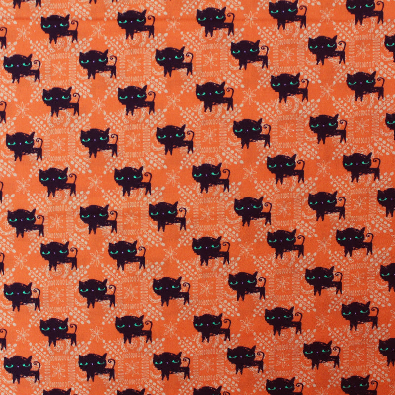100% Cotton Black Cat Orange Halloween Fabric