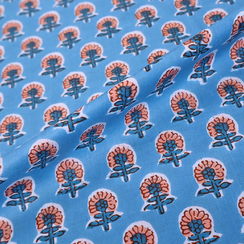 100% Cotton Floral Indian Cotton Fabric - Blue and Orange