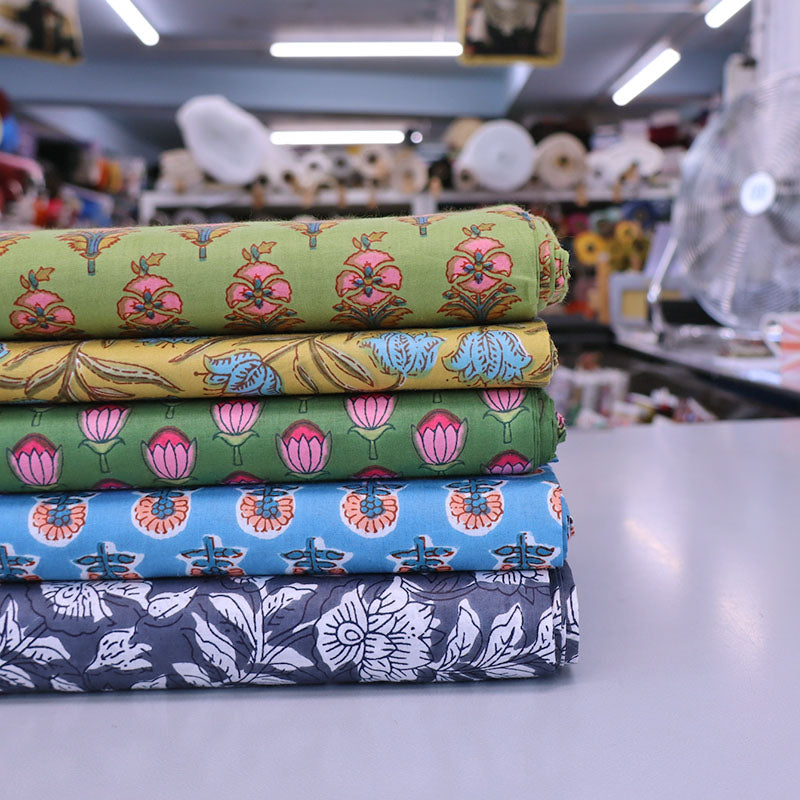 Indian Printed Cotton - Floral - Mustard and Teal