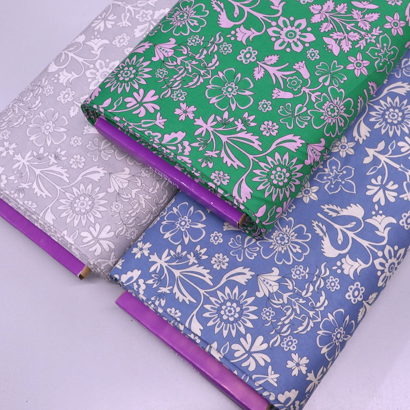 100% Cotton Lawn Green and Lilac, Blue and white, Grey and White Floral Liberty Fabric in 3 colourways