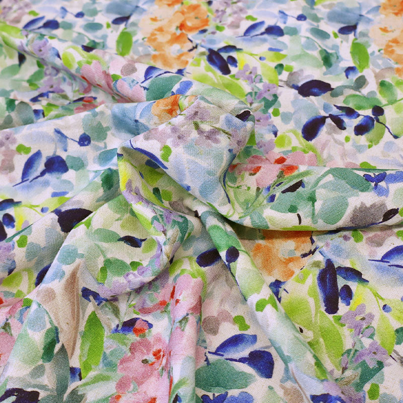 70% Viscose 30% Linen Crepe Fabric - Floral Vines - blue, green, pink and orange