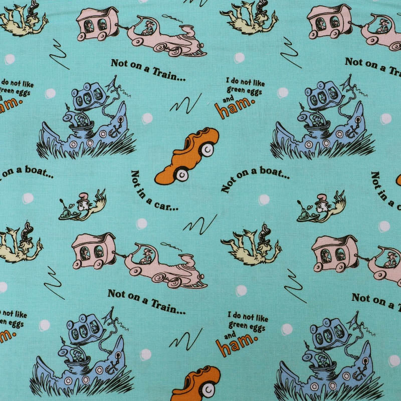 100% Cotton The Cat in the Hat Fabric in Green with scenes from Green Eggs and Ham