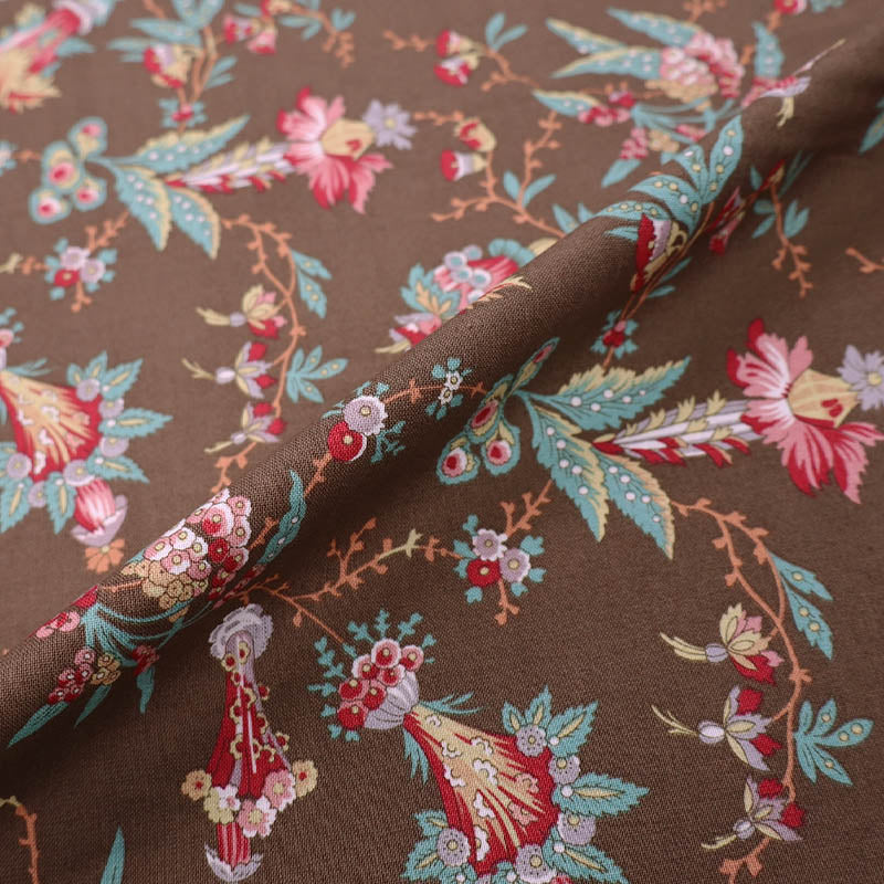 100% Cotton Brown Dutch Heritage Fabric - Red & Green Floral