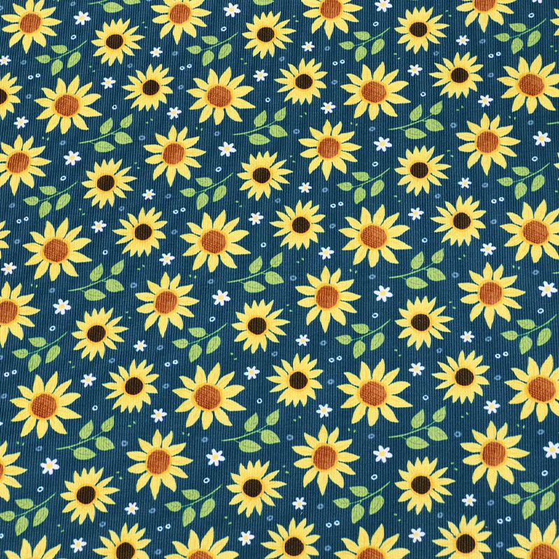 Petrol Blue Floral Needlecord Fabric yellow sunflower print