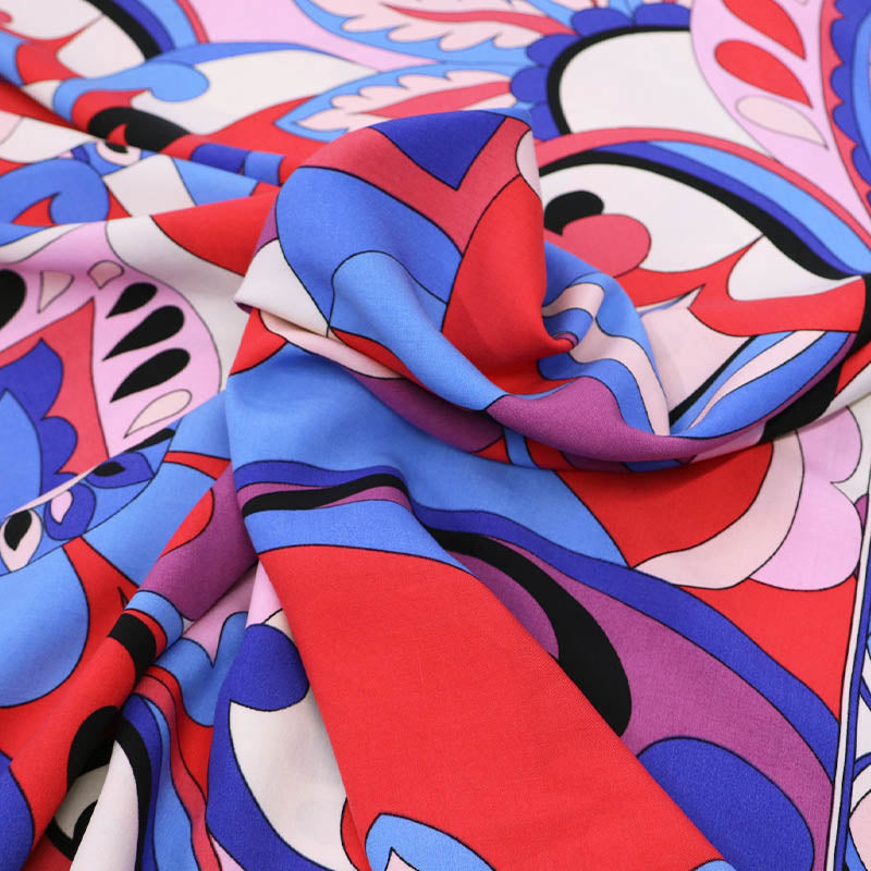 110CM REMNANT Printed Viscose - Border Print - Blue and Pink - Emilio