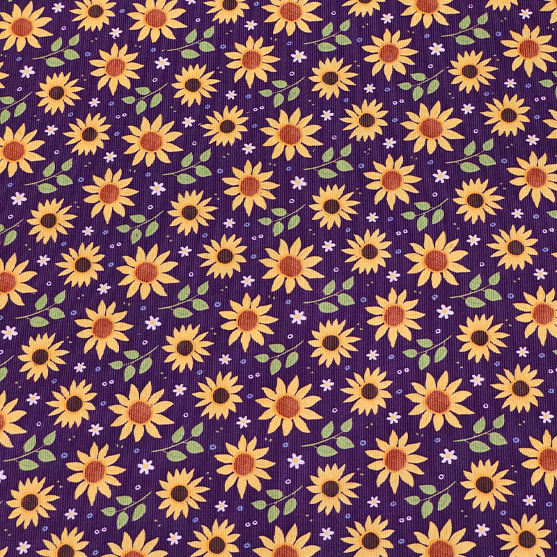 100% Cotton Dark Purple Floral Needlecord Fabric - yellow sunflower print