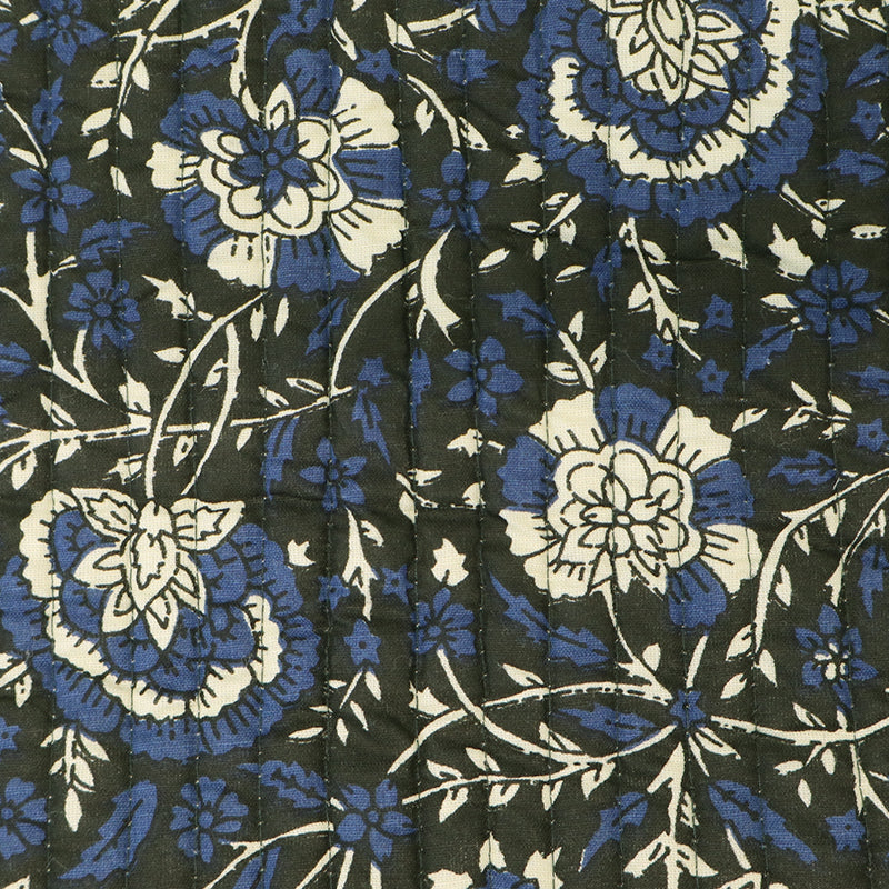 QUILTED Indian Printed Cotton - Floral/Stripe - Black, Navy and Cream