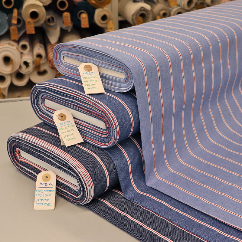 Cotton Mix Denim - Medium Blue - Red Stripe