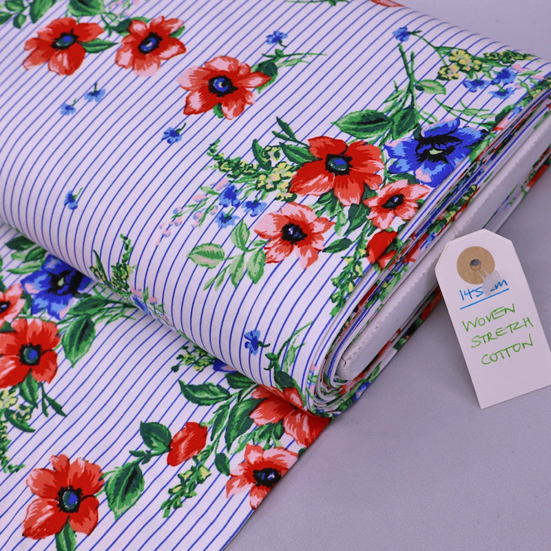 Stretch Cotton Fabric White Blue Stripe Red Flower – Fabrics