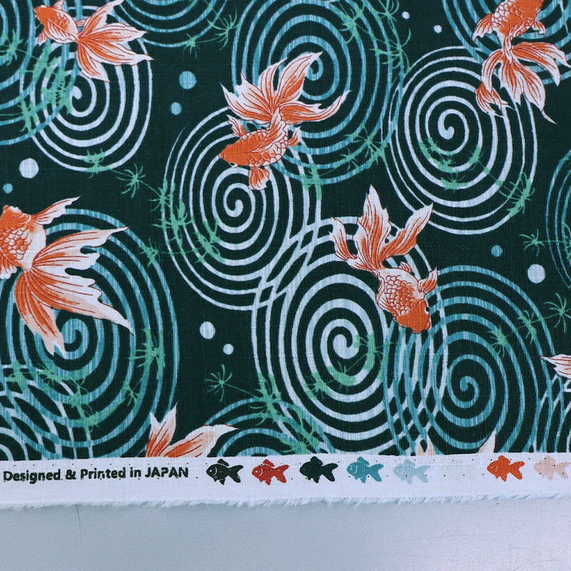 100% Cotton Textured Cotton Fabric- Goldfish Print Green and Black