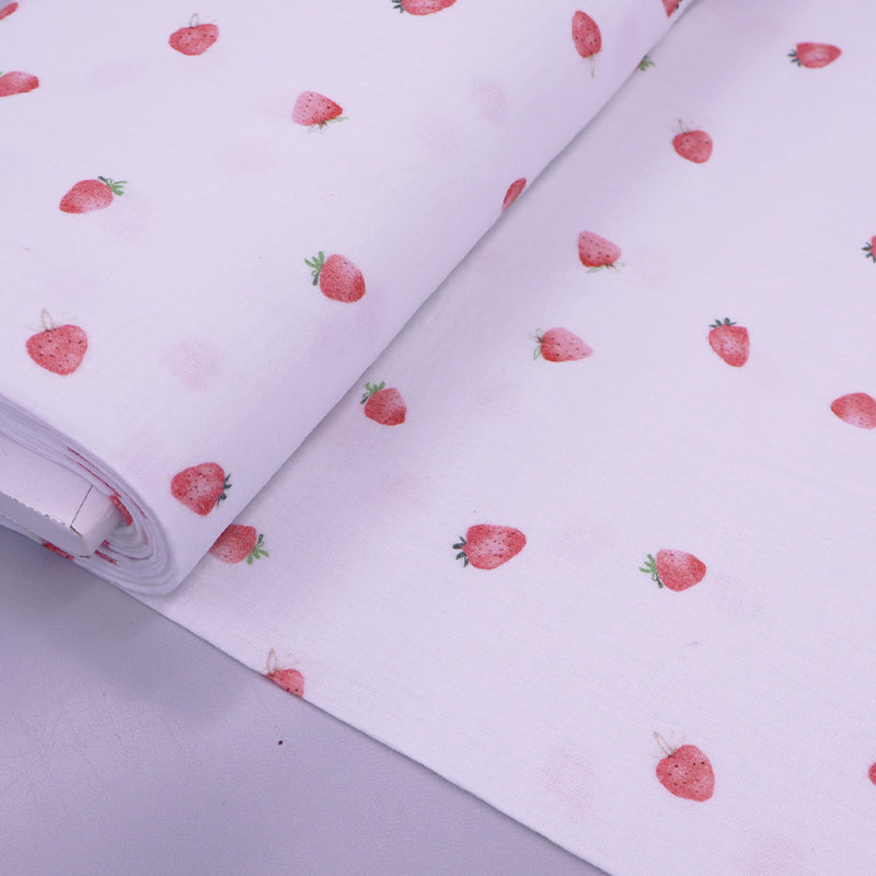 White Cotton Double Gauze Fabric Strawberry Print Fabrics Galore