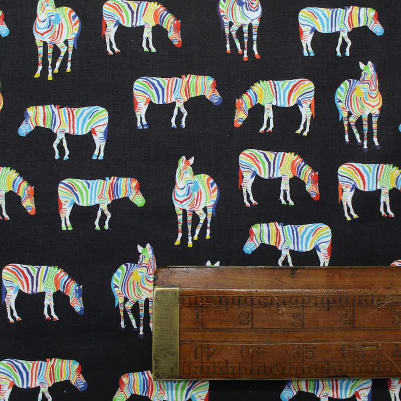 Black 100% Cotton Poplin - Multi Coloured Zebras