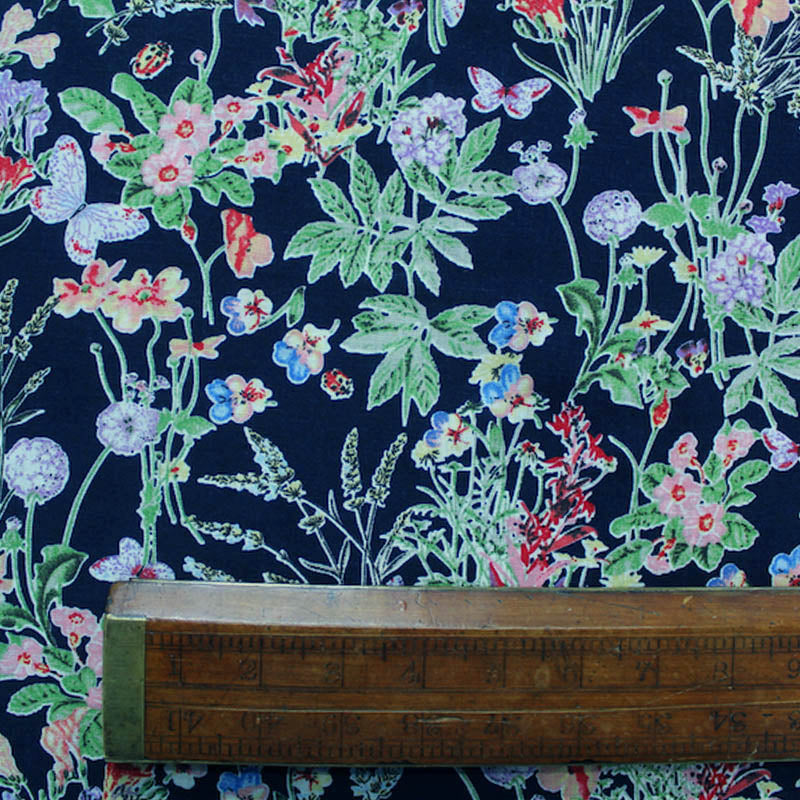 Dressmaking Drapey Linen Viscose Mix - Countryside Garden - Blue