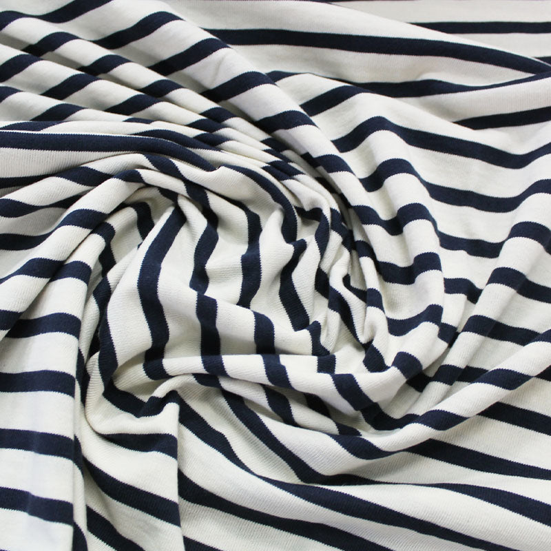 80CM REMNANT Dressmaking Organic Cotton Jersey - Navy and Ecru Breton Stripe