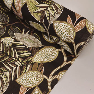 100% Cotton Black Tropical Fabric - Leaf Print in brown and green